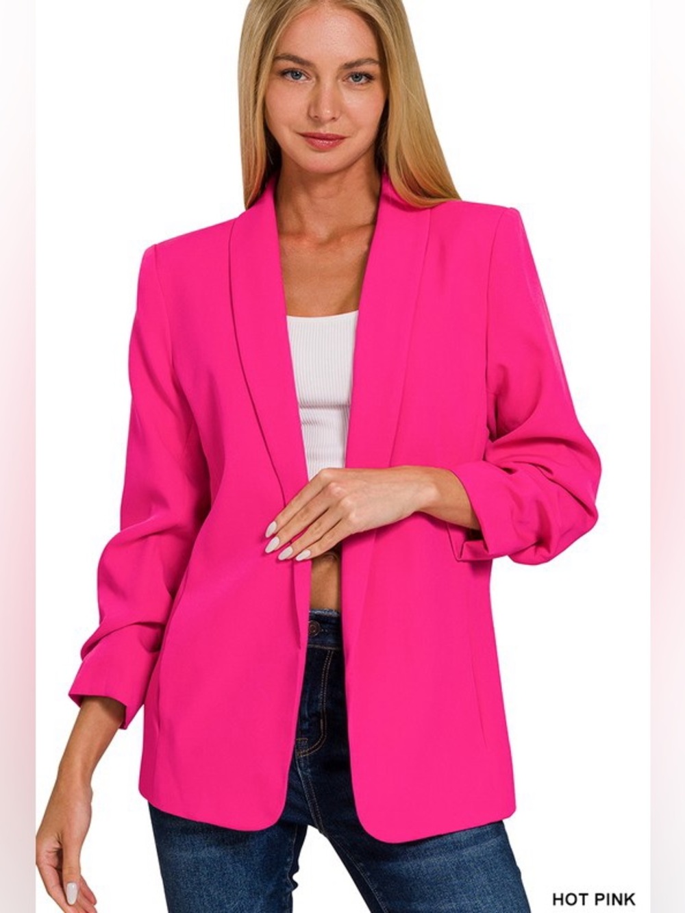 NWT Zenana WOVEN 3/4 RUCHED SLEEVE OPEN FRONT CLASSIC BLAZER HOT PINK